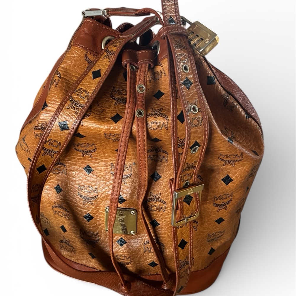 MCM Visetos monogram drawstring bucket bag with gold-tone hardware